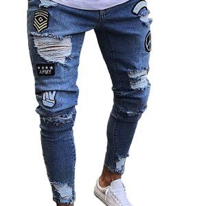 Men's Moto Biker Jeans Distressed Ripped
